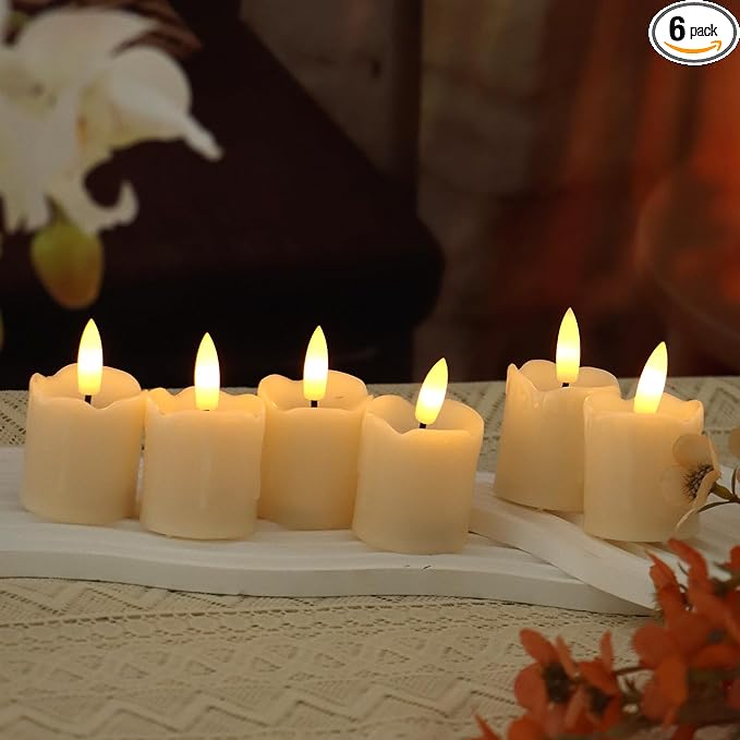 Battery Operated Plastic Flameless LED Votive Candle with Cycling Timer, 6 Pack Drip Flickering Realistic Electric Light for Indoor Bookshelf Wedding Dinner Party Centerpiece Fireplace X-mas Decor