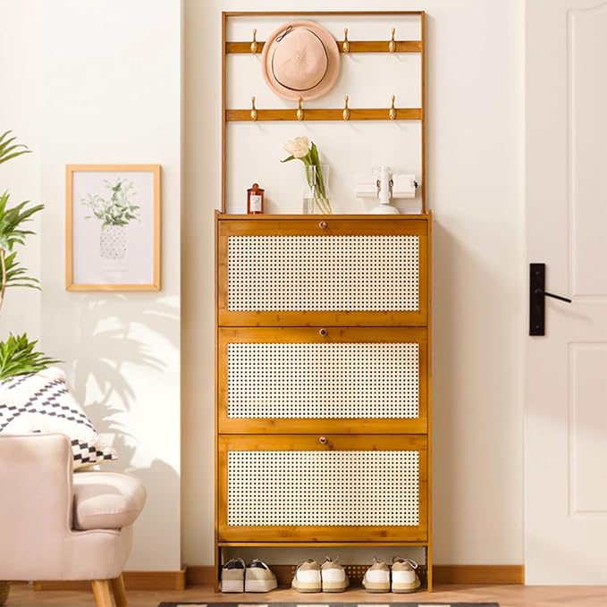 Modern Natural Rattan Coat Rack with 3 Flip Drawers Free Standing 3Tier Shoe Storage Rack for Heels and Slippers Entrance Hallway Entryway Organizer(70x17x186cm)