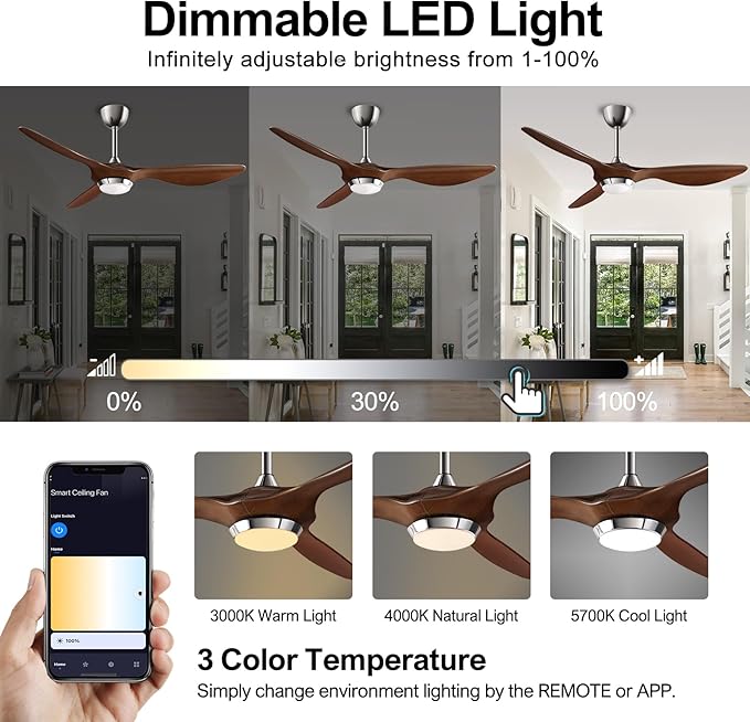 reiga 52 Inch ETL Listed High CFM Quiet DC Motor Smart Ceiling Fans with Lights Remote Control, Indoor 3 Blade Modern Ceiling Fan for Living Room Bedroom