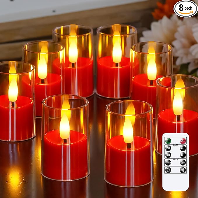 8pcs Battery Operated 1.7" x2.5" Clear Acrylic Remote LED Tea Lights, Flameless 2/4/6/8h Timer Fake Red Bulk Votive Candles with Batteries, Flickering Warm Light Pure Plastic Tealights