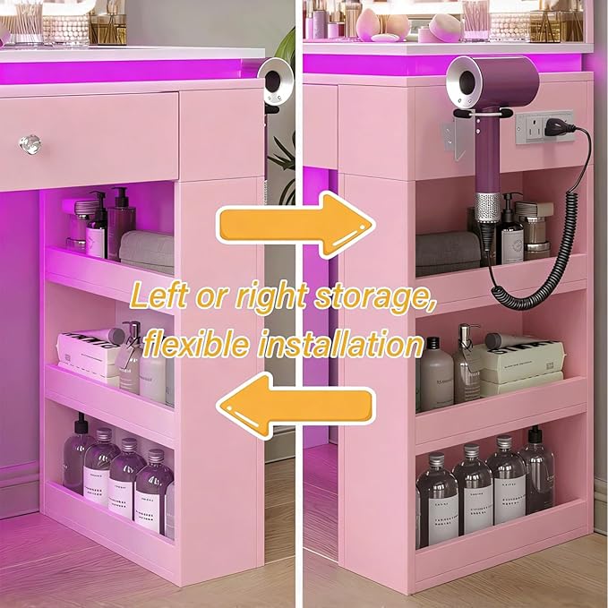 Pink Vanity Desk with Illuminated Mirror & Power Outlet, Bedroom Dresser LED Mirror Stepless Dimmable & 3 Color Modes Adjustable RGB Drawers, for Women Girls Bedroom（Pure Pink
