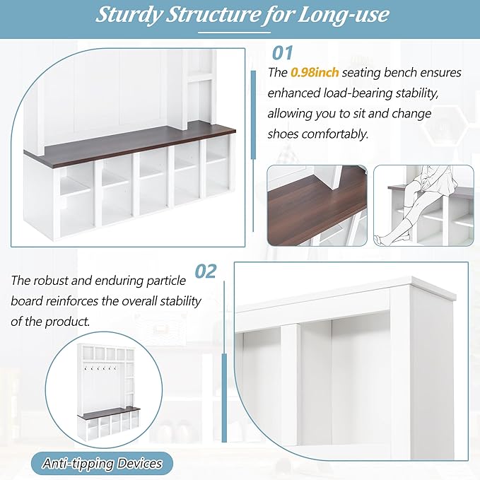 Farmhouse Style Hall Tree with 6 Hooks, Practical Walnut Storage Bench with Adjustable Shelves, Wooden 4-in-1 Entryway Shoe Cabinet with 13 Cubbies for Mudroom, Living Room (White+Walnut-8)