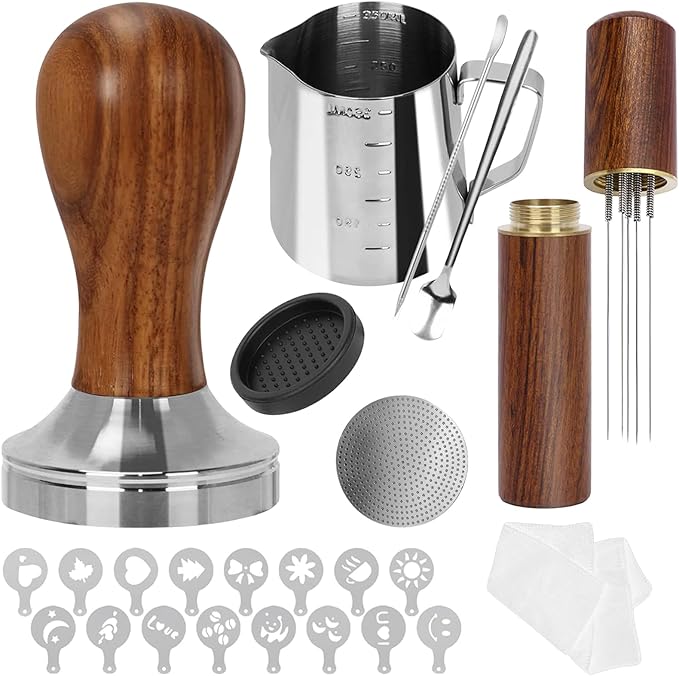 Gmnuiy51mm Coffee Tamper Set 24PCS, Espresso Accessories Kit Barista Kit,316stainlesss Tamper & WDT Tool,316stainlesss Frothing Pitcher, Stirrer, Tamper Mat, Latte Art Pen Coffee puck screen