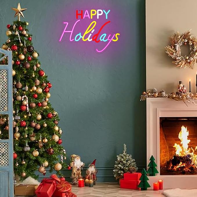 Happy Holidays Neon Sign for Wall Decor, Colorful Letter Neon Light, Dimmable Holiday LED Light Up Sign for New Year Party, Home Bar, Living Room, Wall Decorations