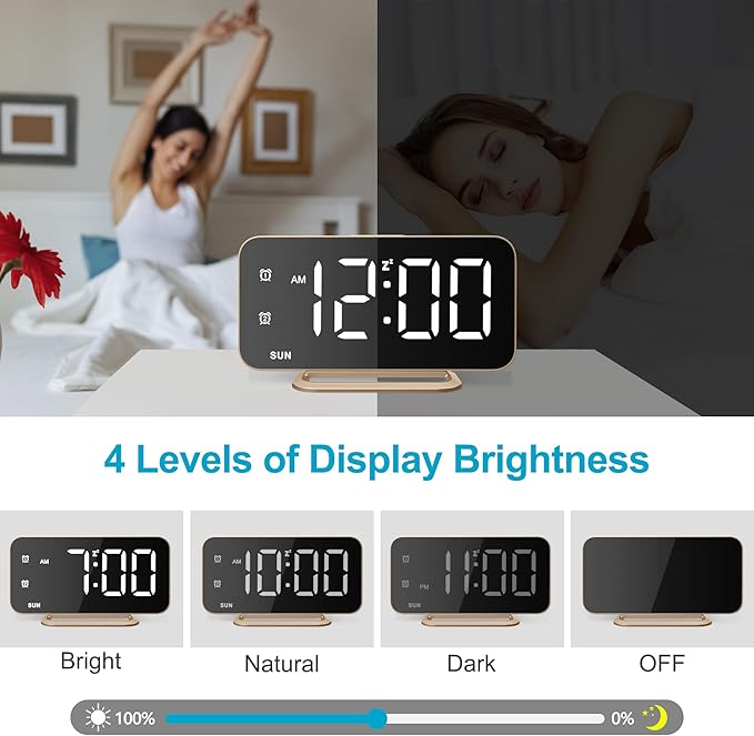 JALL Slim LED Digital Alarm Clock, Mirror Surface for Makeup, with Diming, Large Display, Easy Setting, USB Ports, Modern Decor for Bedroom, Desk, Idea for Women, Sister, College Girl, Black