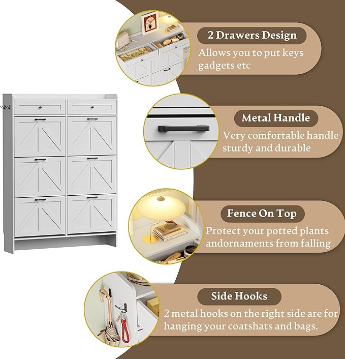 Shoe Cabinet for Entryway, Farmhouse Shoe Storage Cabinet with 6 Flip Drawers and 2 Top Drawers, Tall Narrow Shoe Organizer Cabinet with Adjustable Shelves, Side Hooks and Anti-Tip Kit