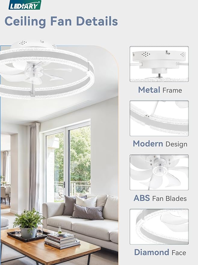 LEDIARY Ceiling Fans with Lights and Remote, 20'' Low Profile Ceiling Fan with Light, 3000-6000K Dimmable Fandelier Ceiling Fans, Modern Flush Mount Fan Light for Bedroom with 6 Wind Speeds- White