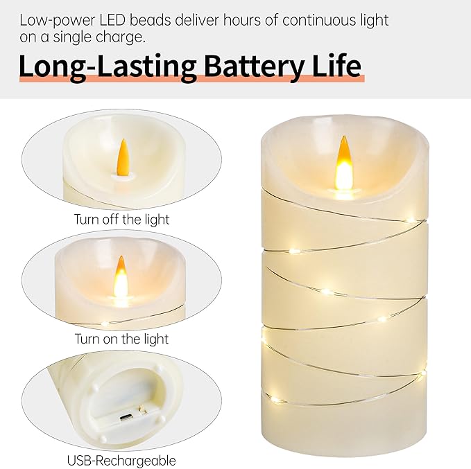 Ivory White Rechargeable Flameless LED Candles 3Pcs (4/5/6") Real Wax with String Lights, Remote & Timer, Safe Realistic 3D Flame for Spring Decor, Easter, Home & Bedroom