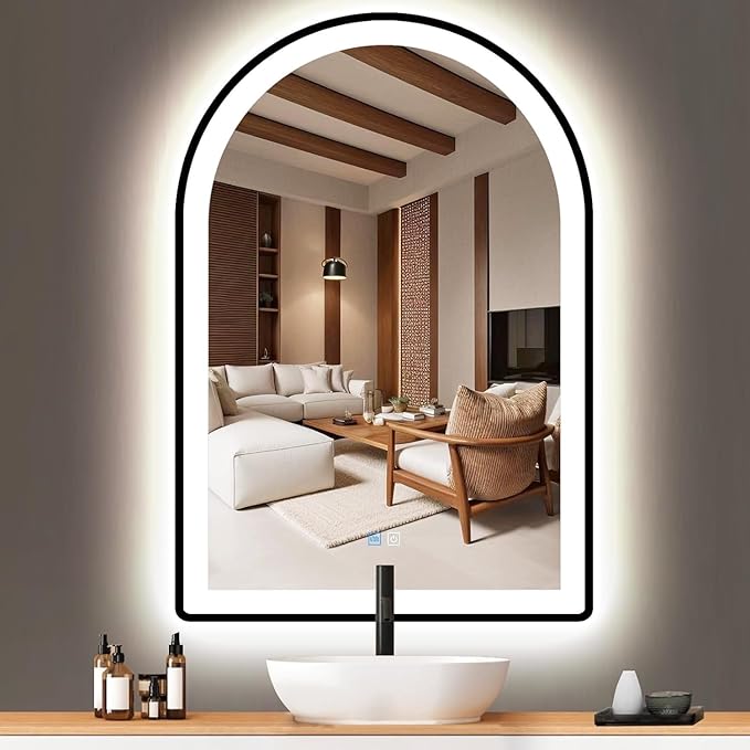 20 x 32 Inch Black Arch LED Vanity Mirror with Lights Black Frame Arched LED Mirror for Bathroom Makeup Desk Wall 32" Black Frame Arched Lighted Mirrors Smart Memory 3 Color Dimmable AntiFog