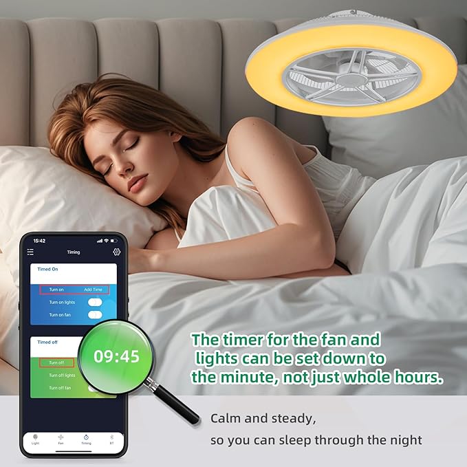 Low Profile Ceiling Fan with Light, Enclosed Bladeless Ceiling Fan, Bluetooth Speaker, 6 Speeds Reversible, Stepless Dimming, Smart Flush Mount Ceiling Light for Bedroom, Kids Room and Living Room 22"