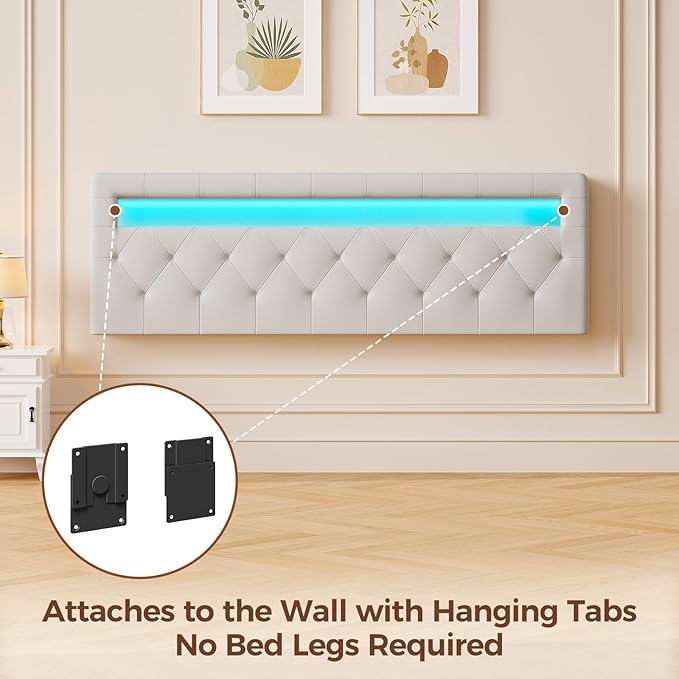GREENSTELL Headboard for Full Size Bed with 60,000 DIY Color of LED Light, USB & Type C Post, Upholstered, Height Adjustable, Sturdy, Easy Assembly, Wall Mounted Head Boards Only, White