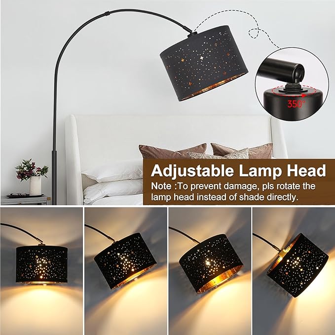 Dimmable Floor Lamp, Arc Floor Lamp for Living Room, Arched Tall Modern Standing Lamp with Adjustable Star Shade, Black Mid Century Light Tall Pole Lamp for Bedrooms,Office, 9W LED Bulb Included