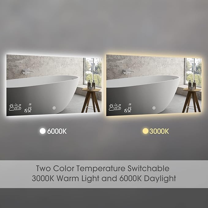 40X24 LED Bathroom Mirror with Lights, WiFi Smart Bluetooth Lighted Vanity Mirror for Bathroom with Backlit 2 Colors Dimmable Enabled Weather Display, Anti-Fog Horizontal Hang Only