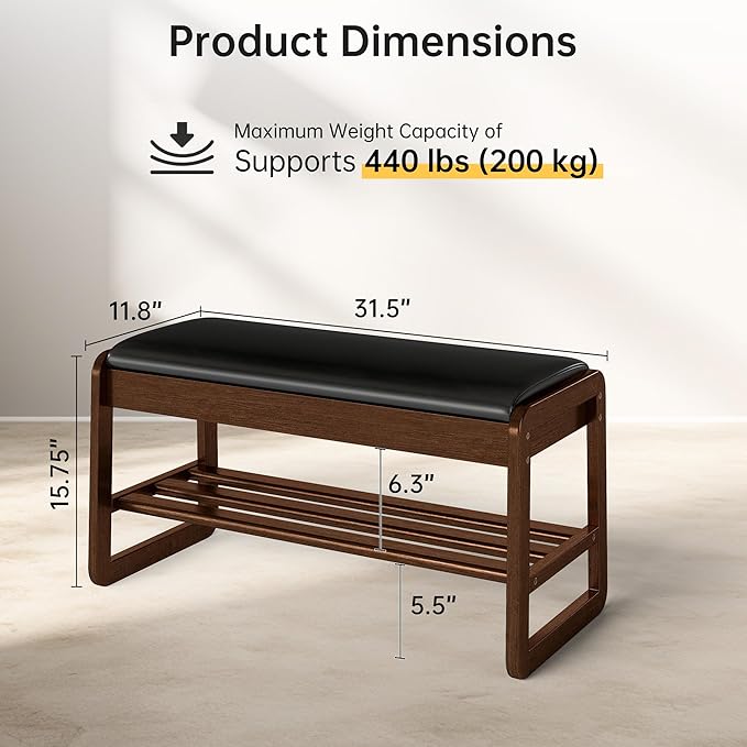 Shoe Rack Bench with Flip-Top Storage, Solid Rubberwood 2-Tier Shoe Organizer with Cushion, Wooden Shoe Stand for Entryway, Mudroom, Hallway, Closet, Front Door Entrance, Foyer