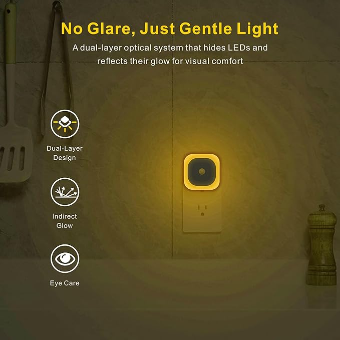 2 Pack Plug in Night Light with Motion Sensor & Dusk to Dawn Sensor, 3 Sensor Modes, Auto ON/Off, Dimmable Nightlight for Living Room, Hallway, Bathroom, Golden Yellow