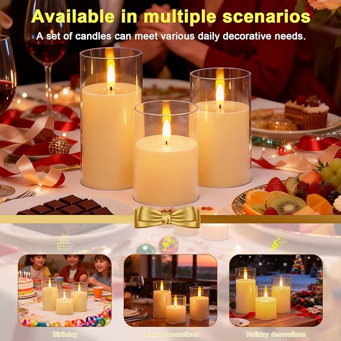 3-Pack Rechargeable Flameless Candles with Remote Control and Timer Function, 3D Realistic Flickering Flames, USB Battery Powered for Christmas Home Decoration Wedding Party Holiday