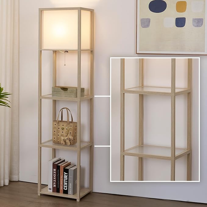 Floor Lamp with Shelves, Modern Standing Lamp with Tempered Glass Shelves, Corner Display Shelf Lamp, Tall Lamps with Shelves for Living Room, Bedroom, Office, Whitewashed Oak