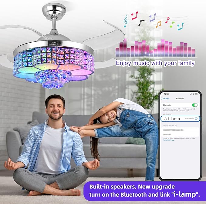BAYSQUIRREL 42-inch Retractable Ceiling Fan with Light and Remote/APP Control, Bluetooth Ceiling Fans with Speaker, RGB-LED Light 6 Speeds Reversible Blades,Flush Mount Chandelier Crystal Ceiling Fan