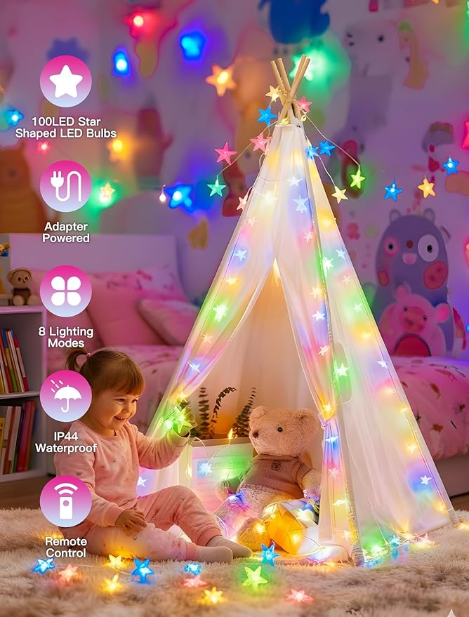 Star String Lights Plug in,33ft 100LED Easter Lights with Remote, Hanging Star Decorations Lights Waterproof for Indoor Outdoor Bedroom Classroom Dorm Kids Tent Party Decor,Multicolor