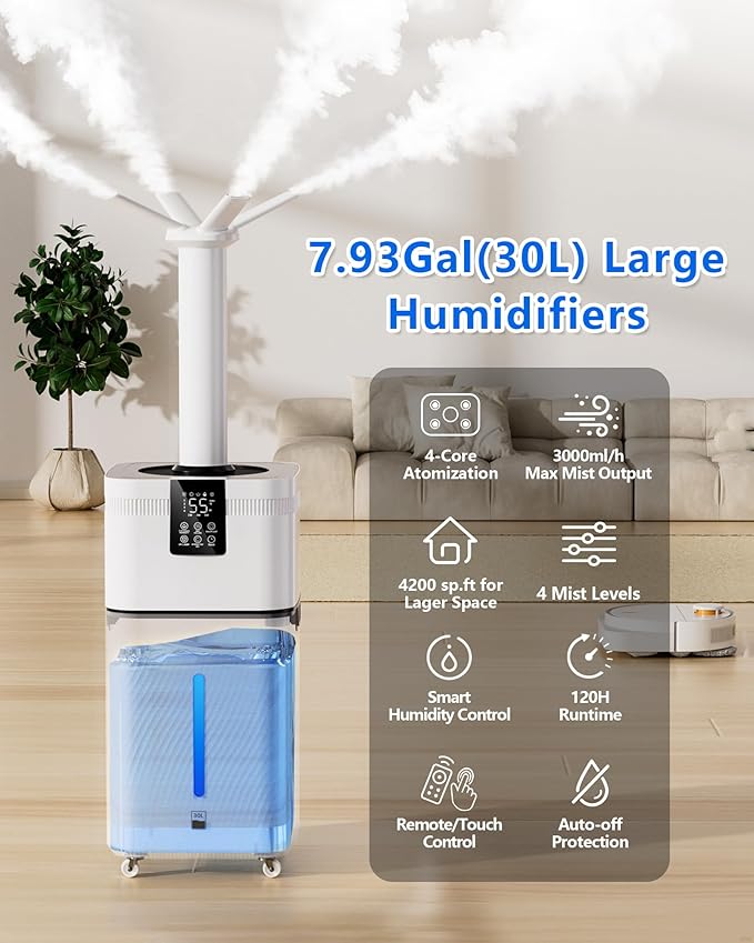 30L/7.93Gal Commercial humidifier Large Room 4200 sq.ft, Whole House Humidifiers 3000ml/H Mist Output, Cool Mist Industrial Humidifiers for Home, Plants, Office, Warehouse, Greenhouse