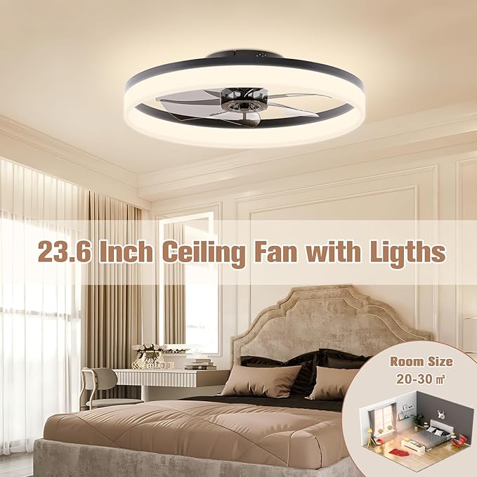 VOLISUN Low Profile Ceiling Fan with Light and Remote, 23.6in Flush Mount, Dimmable LED Fan Light, Bladeless for Bedroom (Black)