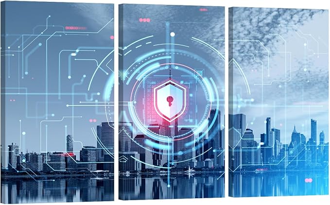 3 Panel Digital Cybersecurity Concept Wall Art Internet Security and Global Protection Pictures Print On Canvas for Hotel Home Wall Decora,Posters and Prints Framed Ready to Hang, 20x40inchx3