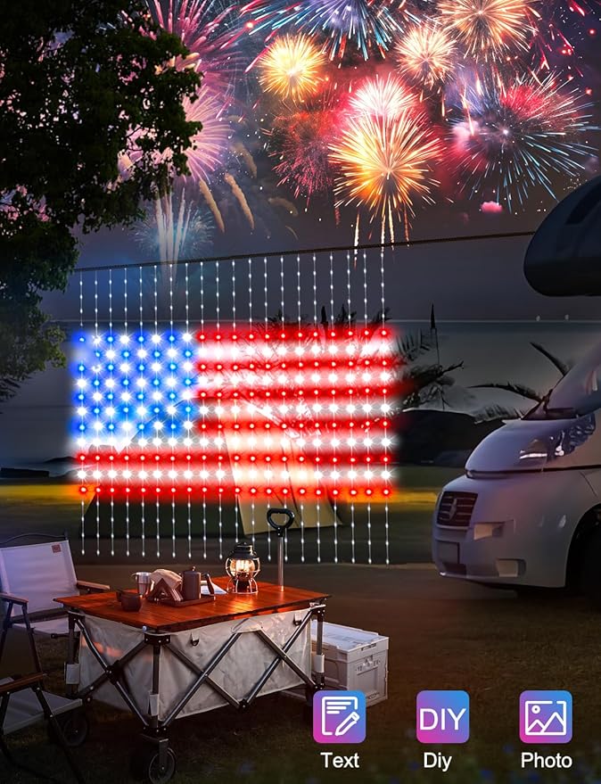 Smart Curtain Lights 6.6x6.6Ft, 400 LED Curtain Light APP Remote Control Music Sync Dynamic DIY Lights for Memorial Day 4th of July Independence Day Backdrop Decoration