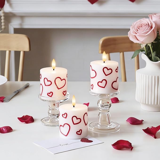 Valentine Day Flameless Pillar Candles with Remote, Real Wax Battery Operated Candles, 3 Pack Flickering LED Heart Candle for Proposal Wedding Anniversary Romantic Night