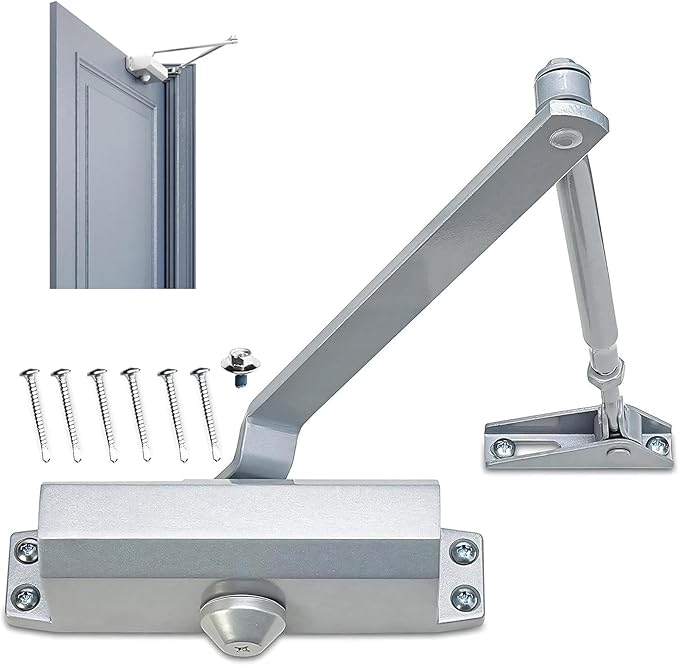 Alupac Automatic Door Closer #963 for Comercial or Residencial UL Listed, Heavy-Duty for Commercial & Residential Doors (88–143 lbs) | Adjustable Closing Speed, Non-Handed, Easy Installation (Silver)