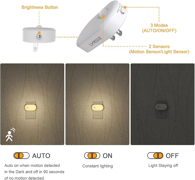 Lyridz 120LM Ultra Bright Plug-in Motion Sensor Night Light, Stepless Dimmable LED Nightlight, Always-On and Auto-Off, for Hallway, Stairs, Bathroom, Bedroom, Garage, Warm White (6-Pack)