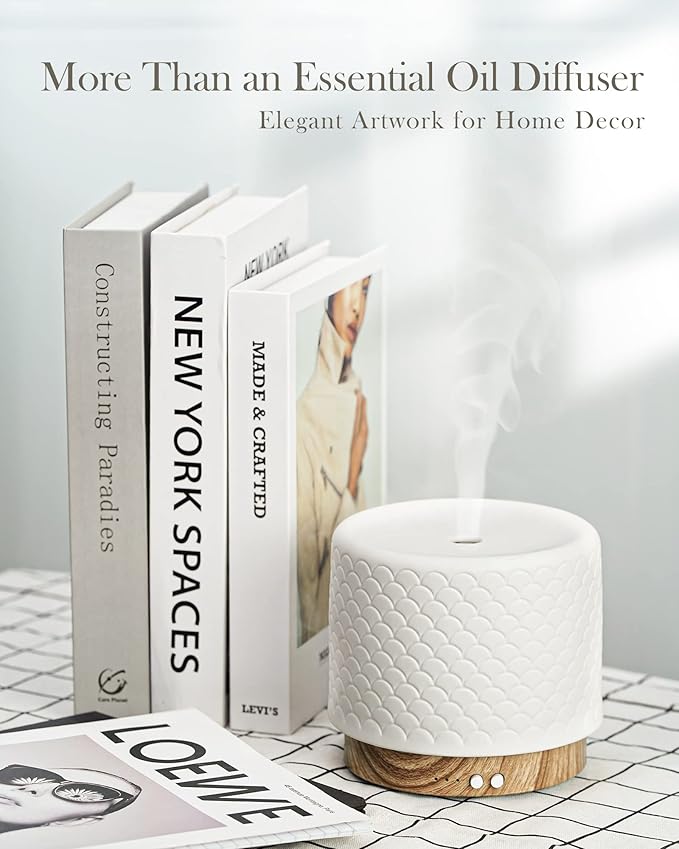 Essential Oil Diffuser -280ml Ceramic Diffuser for Large Room&Commercial Use, 2.4MHz Cool Mist Humidifier & Independent Decorative Light & Aromatherapy Diffuser, Pulse&Continuous Mist, Timer, Auto-Off