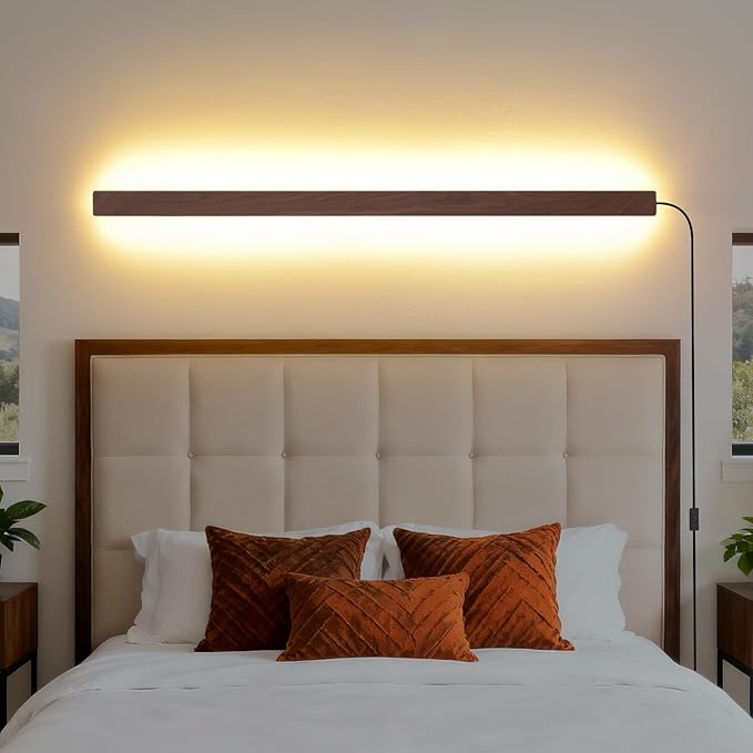Farmhouse Plug in Long Wall Sconce, 39.3" Faux Walnut Finish LED Wall Lights, 20W Warm White 3000K Acrylic Indoor Wall lamp, with 59" Plug Cable for Bedroom, Living Room, Hallway