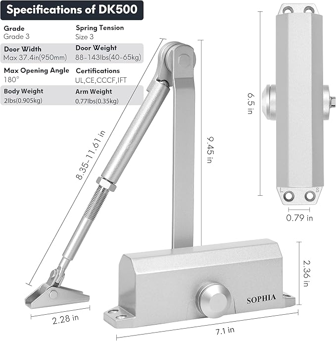 SOPHIA Automatic Door Closer with Hold Open, Door Closer for Home Size 3 DK500, 3H Fire-Rated Hydraulic Door Closers Commercial & Life Size Fitting Template, UL Listed, ANSI Grade 3, Silver