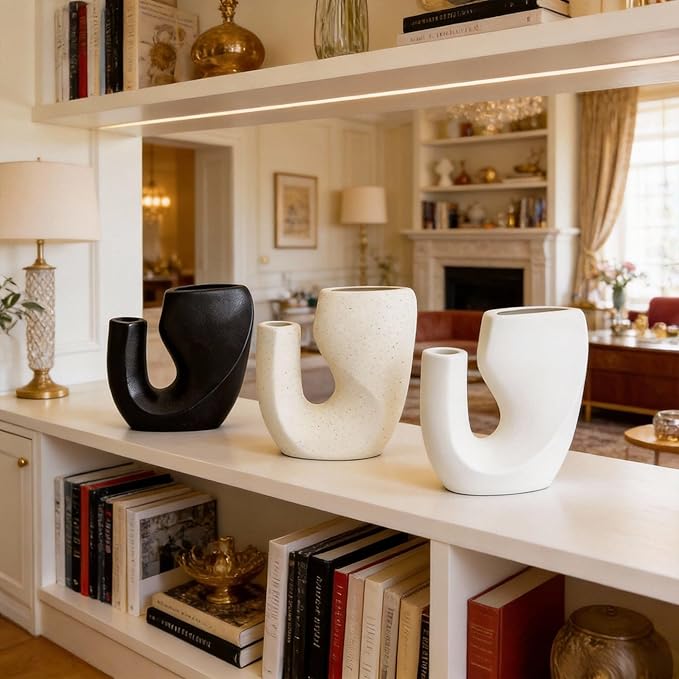 Nordic Style Ceramic Vase Set, Luxury Artistic Flower Arrangement for TV Cabinet and Entryway, Modern Minimalist Home Decor Accents(Type B White)