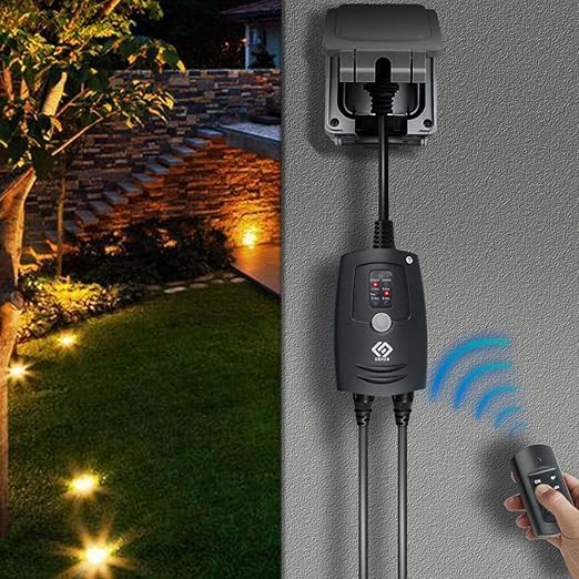 Outdoor Remote Control Photocell Timer, 2/4/6/8 Hour Countdown, Dusk to Dawn, 2 Grounded Outlets 0.5FT Cord, Black.
