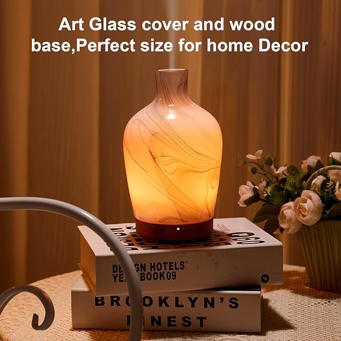 Classical Vase Art Glass Aromatherapy Diffuser 160ml ultrasonic Cool Mist Scent Aroma Essential Oil Diffu er Humidifier with Intermittent Mist & LED 7 Colorful Changing Night Light for Bedroom