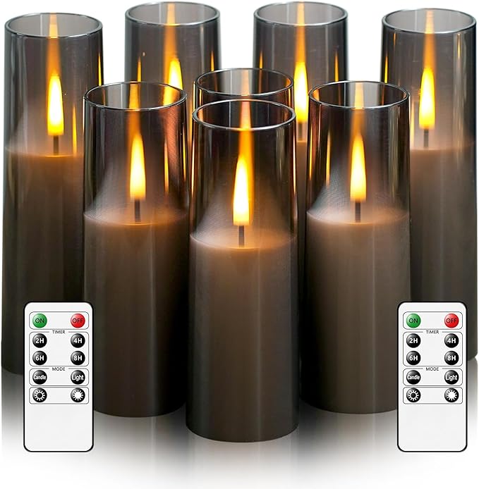 8 Packs Flameless Candles, Battery Operated with Remote, Arcylic Ribbed LED Flickering Candles, Realistic Dancing Flame Pillar Candles for Home, Wedding, Christmas Party D2.2 (Grey)