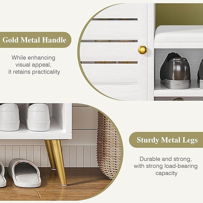 VECELO Shoe Storage Bench with Door&Shelf, Entryway Bench with Seat Cushion, for Hallway, Bedroom, Living Room, L-Shaped, White