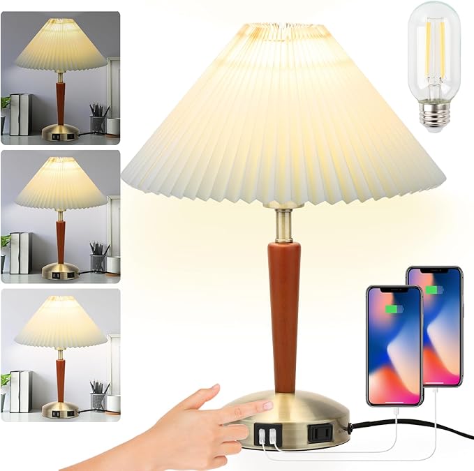 Touch Bedside Table Lamp - Modern Small Lamp for Bedroom Living Room Nightstand, Desk lamp with Fabric Lamp Shade, Warm LED Bulb, 3 Way Dimmable, Simple Design Mother's Day Gifts (Brown)