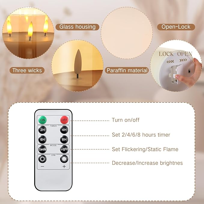 Retisee 6'' x 6'' Extra Large Flameless Candles, 3 Wick Glass Large Candles with Remote Control and Timer Function, Real Wax LED Pillar Flickering for St. Patrick's Spring Party Decor(Gold,1 Pcs)