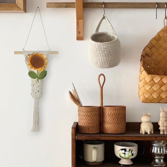 Bohemian Macramé Wall Art with Hand-Crocheted Sunflower, Cotton Rope Tapestry Decor with Tassels, Pre-Assembled Boho Wall Decor for Apartment Nursery Dorm, Unique Gift for Her (Sunflower 1pcs)