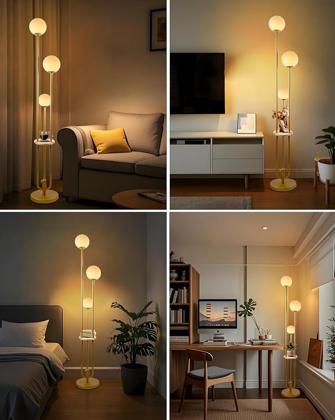 Lightdot LED Floor Lamp Dimmable Gold Globe Floor Lamps with Shelf& Bulb Included Mid Century Modern Standing Lamp for Bedroom Living Room/Sofa Beside/Corner Decor -Candle Holder Style Soft Eye-Caring