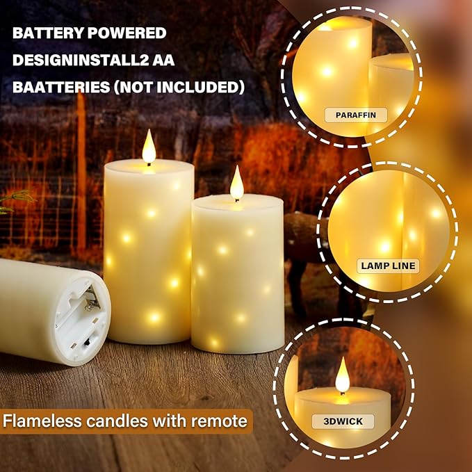 Flameless Candles with Embedded Star String, Real Wax Battery Operated Candles with Remote Timer, Flickering Pillar LED Candle Set for Home Decor Romantic Ambiance （White）