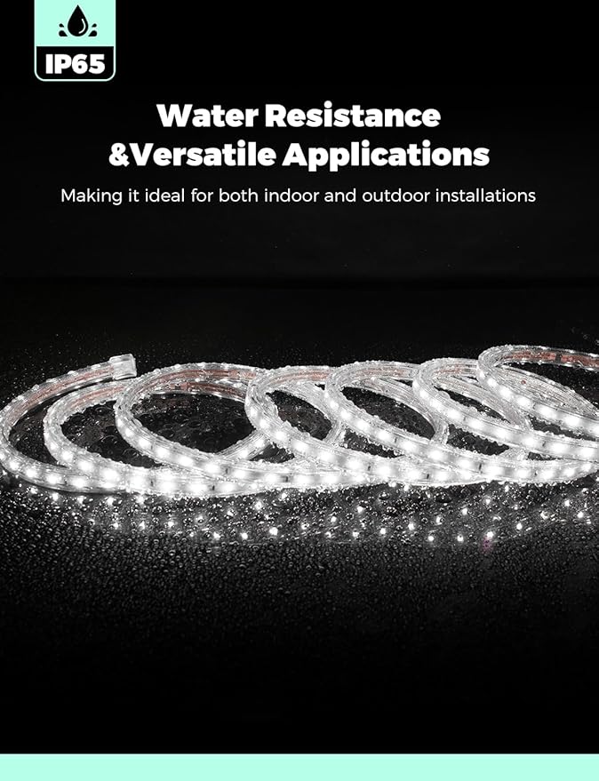 GZBtech AC 110-120V LED Strip Lighting 50FT/15M, 6000K Cool White IP65 Waterproof Outdoor Strip Lights, 60LEDs/M SMD2835 Cuttable & Connectable LED Rope Light for Indoor Outside Exterior, ETL Listed