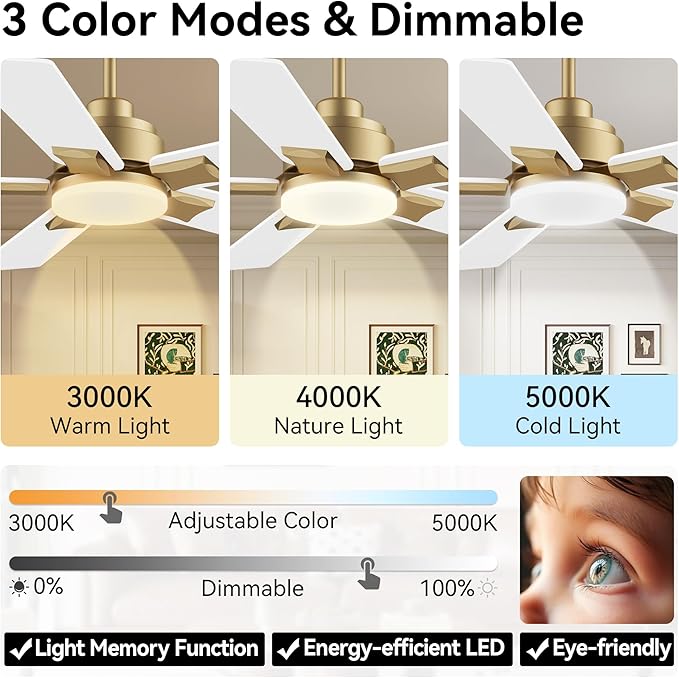 42 Inch Ceiling Fans with Lights,Smart Ceiling Fan with Light and Remote Control Alexa,APP,Modern Indoor Outdoor Ceiling Fans for Bedroom,Patio,Porch,in Black White and Gold,5 Blades,Dimmable,Quiet