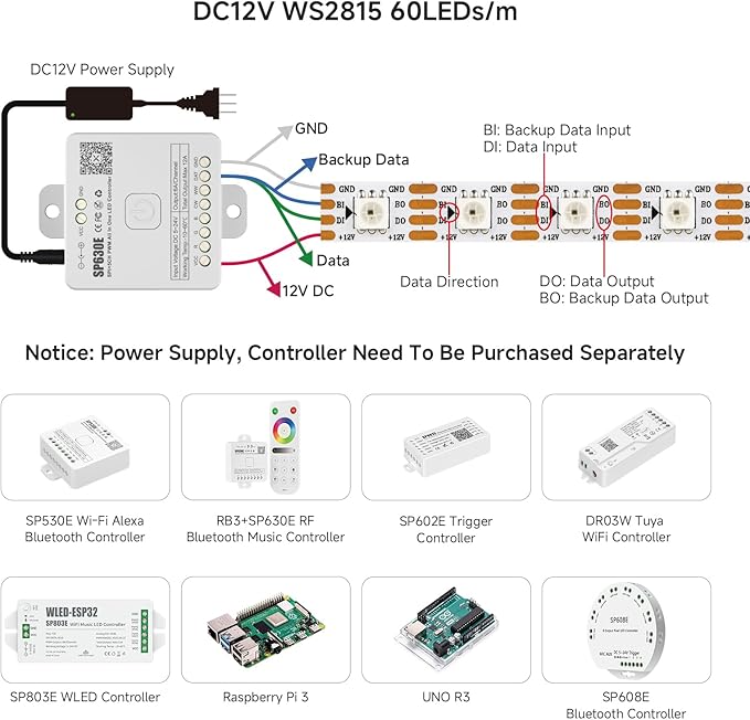 BTF-LIGHTING IP68 Waterproof Outdoor WS2815(Upgraded WS2812B) RGB LED Strip Individually Addressable 5050SMD Dual Signal DC12V 16.4ft 300Pixel Can Work Outdoor White PCB(No Adapter or Controller)