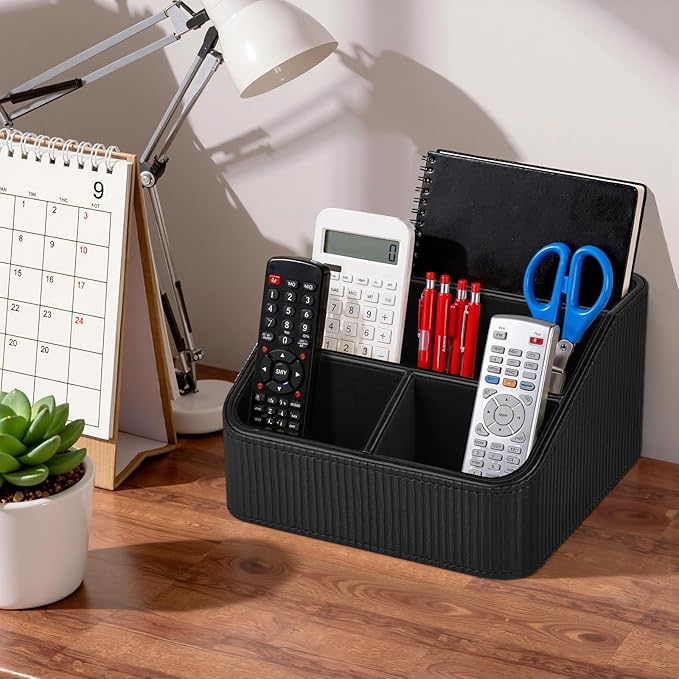 PU Leather Remote Control Holder with 4 Compartments, Small Desk Organizer Office Supply Bedside Caddy, All-in-One Small Bedside Remote Holder Nightstand Desktop Organizer