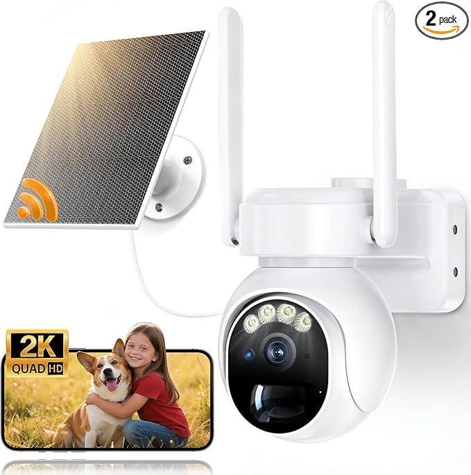 Solar Security Cameras Wireless Outdoor -2K WiFi Cameras for Home Security with Solar/Battery Powered,360° PTZ Solar Camera Outdoor Wireless, 2-Way Audio, Motion Alert, IP66