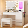 Vanity Desk with LED Lights Mirror, 35.43" Modern Makeup Table with 6 Storage Drawers & Stool for Ladies and Girls, RGB Light Makeup Desk with Power Outlet for Bedroom Dressing Room, White