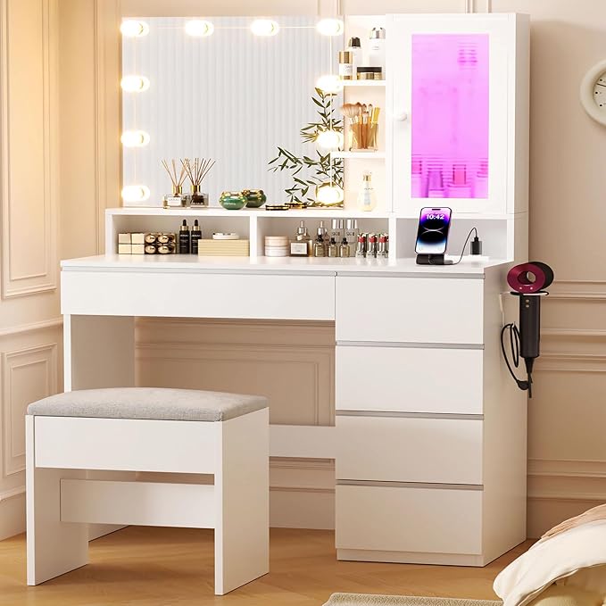 Vanity Desk with LED Lights Mirror, 35.43" Modern Makeup Table with 6 Storage Drawers & Stool for Ladies and Girls, RGB Light Makeup Desk with Power Outlet for Bedroom Dressing Room, White